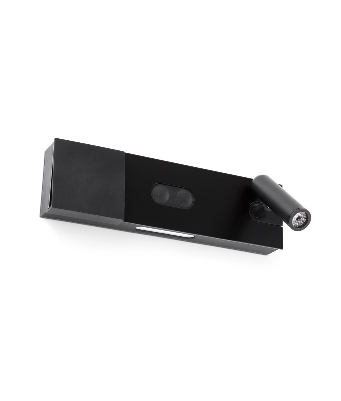 Schwarze Wandleuchte mit Handy-Ladegerät und LED-Player MAGOS